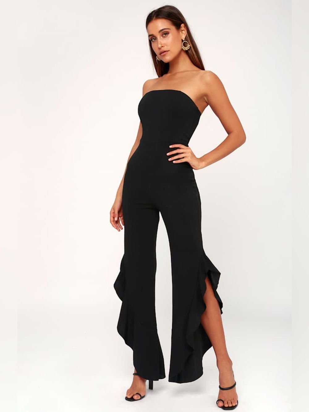 🆕(NWT) LULUs After Midnight Black Strapless Ruffle Leg Jumpsuit. Size SMALL